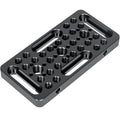 A black anodized aluminum camera mounting plate with multiple threaded holes and two long slot cuts, shown on a plain white background.