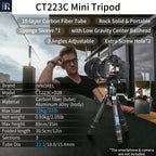 3-section CT223 mini tripod with D28 tripod specifications including 89cm max load 10-layer carbon tube 