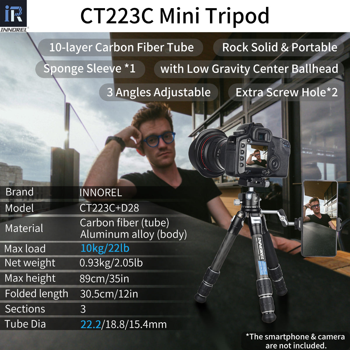 3-section CT223 mini tripod with D28 tripod specifications including 89cm max load 10-layer carbon tube 