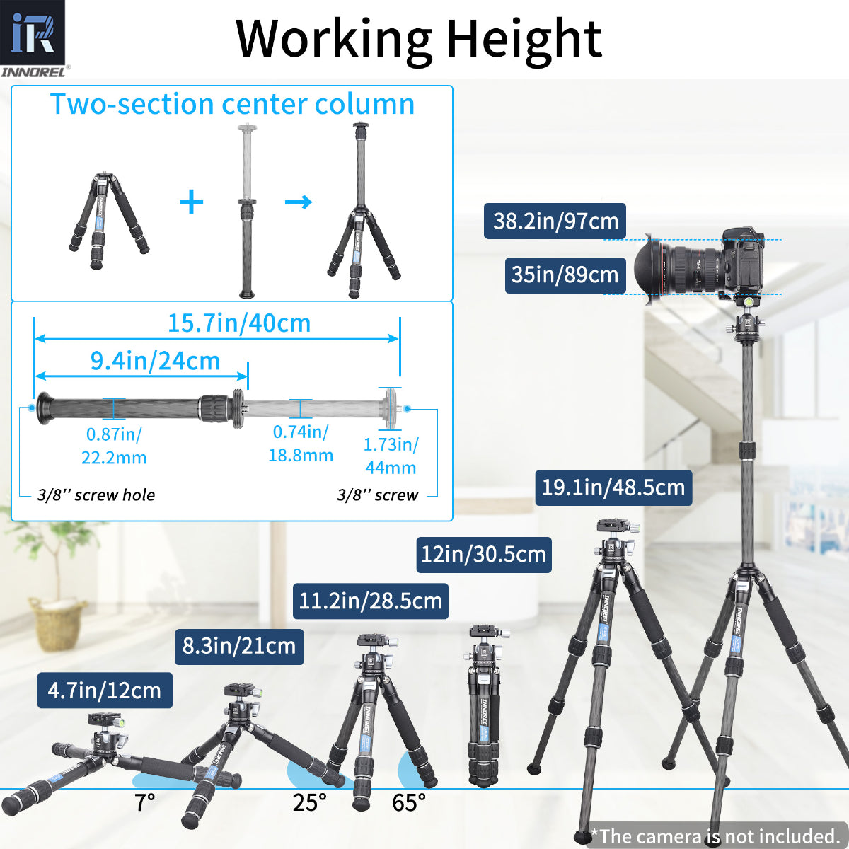 INNOREL mini tripod CT223C extended to full height showing maximum working height with center column