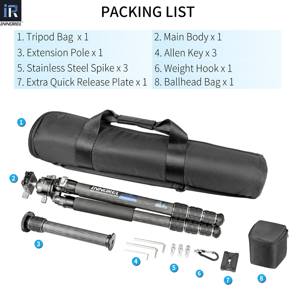 INNOREL CT75C tripod package contents tripod D36 ballhead quick release plate tripod bag allen key weight hook