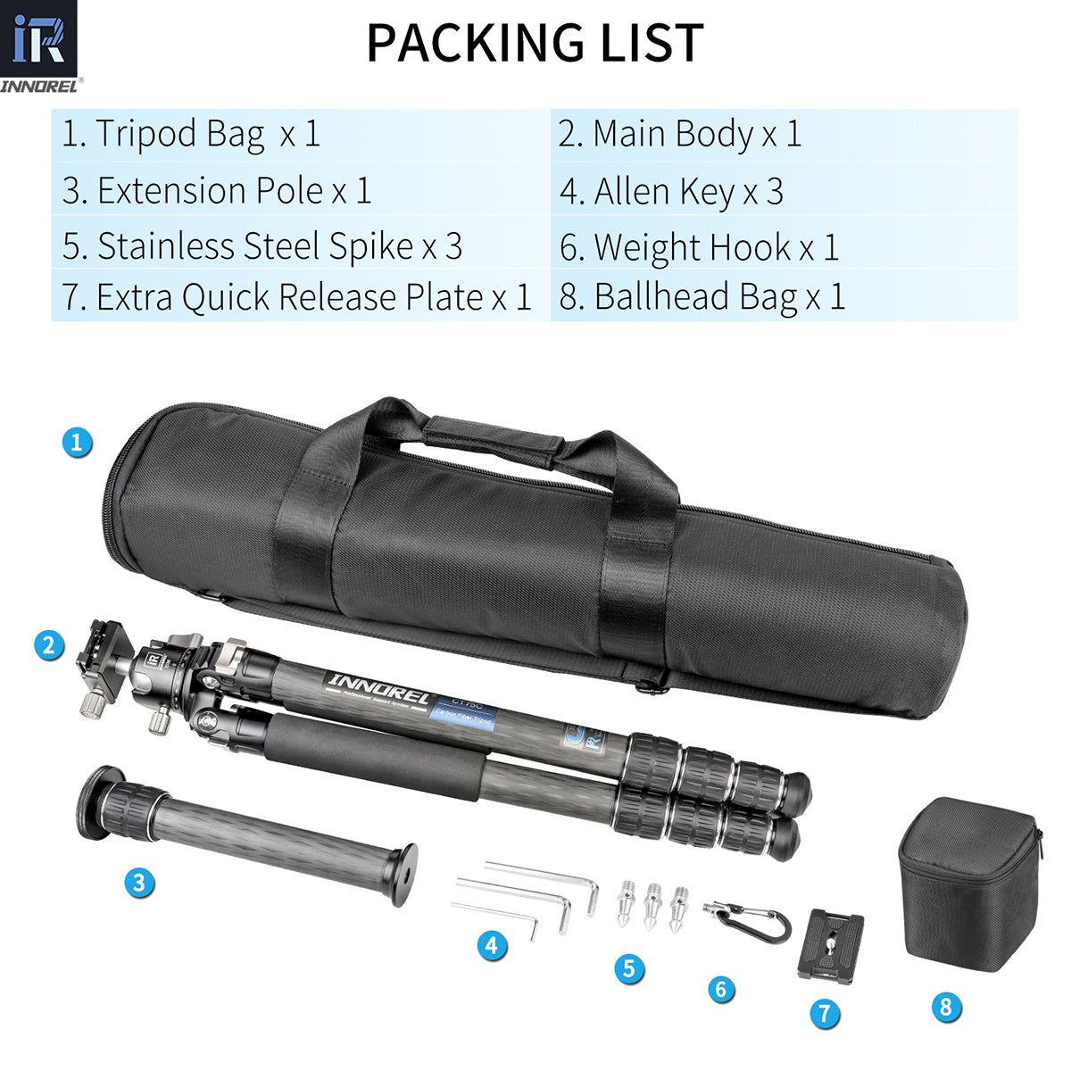 INNOREL CT75C tripod package contents tripod D36 ballhead quick release plate tripod bag allen key weight hook