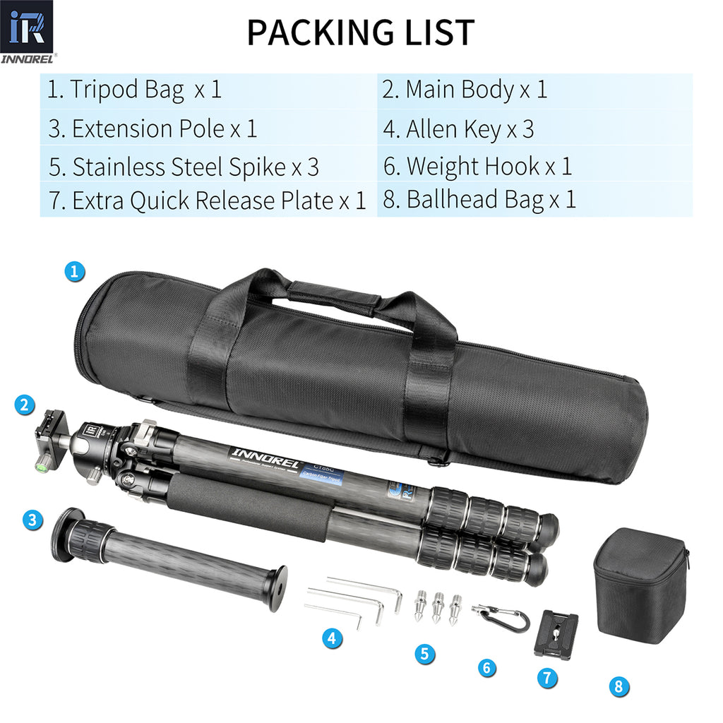 INNOREL CT85C tripod package contents tripod D46 ballhead quick release plate tripod bag allen key weight hook