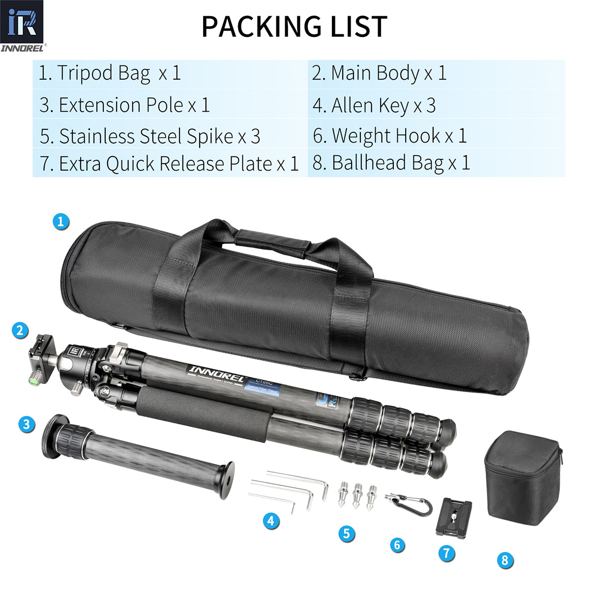 INNOREL CT85C tripod package contents tripod D46 ballhead quick release plate tripod bag allen key weight hook