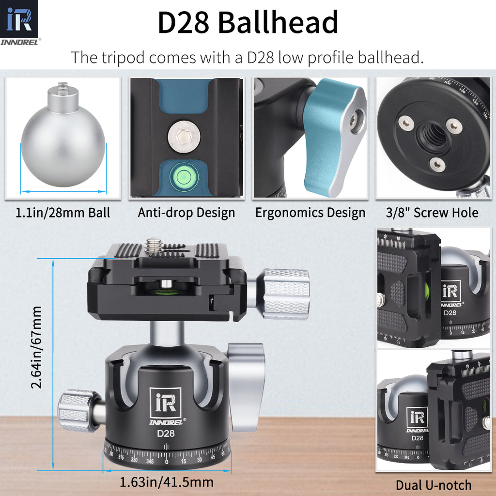 INNOREL D28 ballhead features 28mm ball anti-drop design ergonomics design 3/8inch screw hole and double U notch