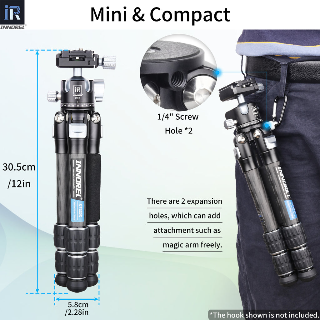 INNOREL D28 compact mini tripod features 2 expansion holes which can add attachment such as magic arm freely