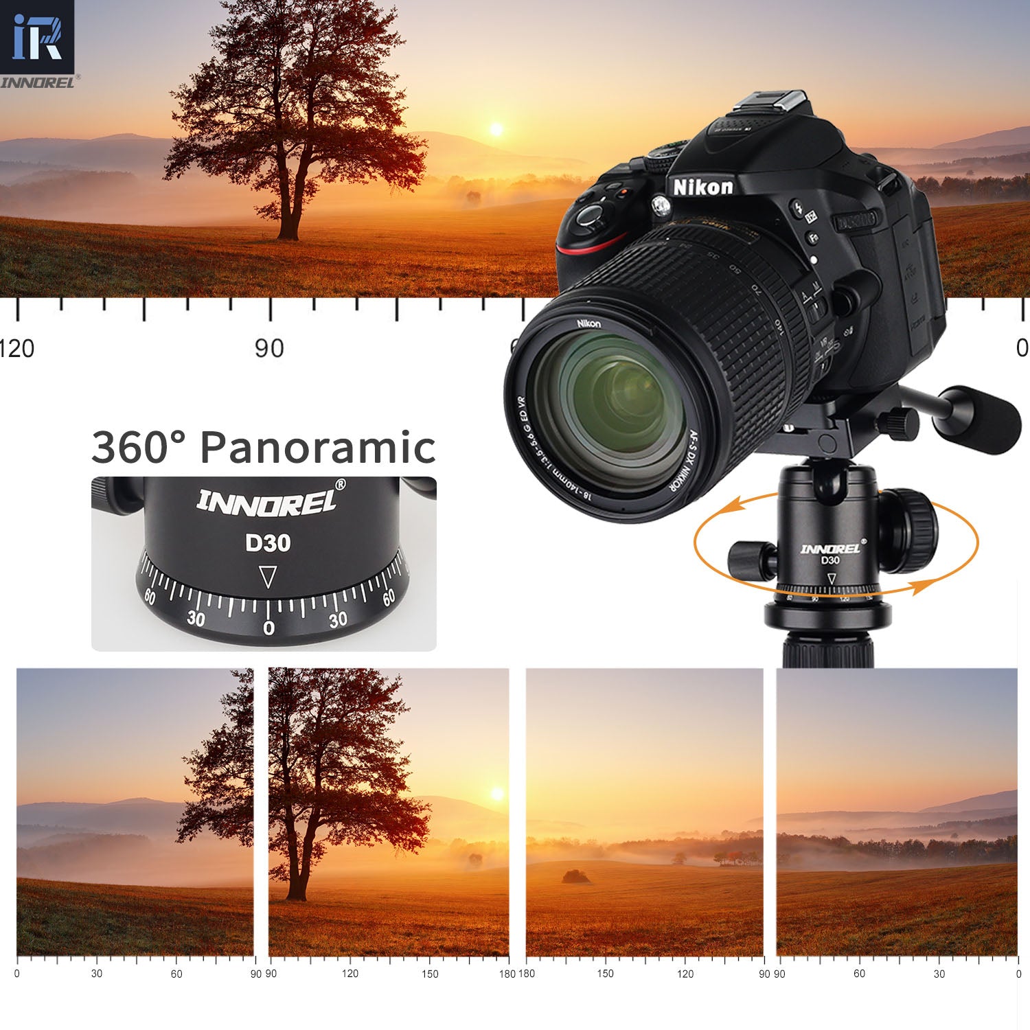 INNOREL D30 ballhead in use for 360-degree panoramic photography allowing smooth camera rotation for landscape panoramas