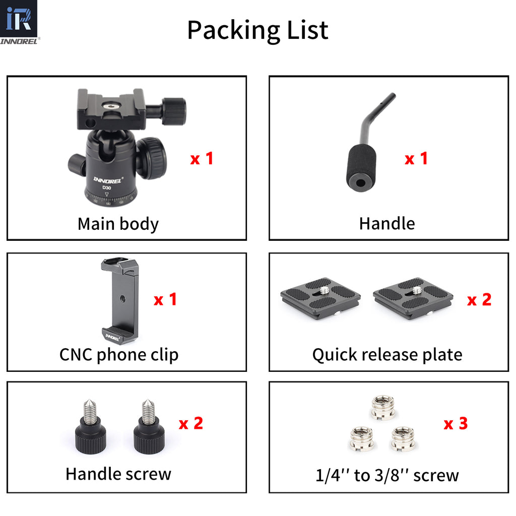 INNOREL D30 ballhead package including ball head 2 quick release plate phone clip handle screw ballhead handle 3 1/4in to 3/8in screws