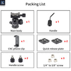 INNOREL D30 ballhead package including ball head 2 quick release plate phone clip handle screw ballhead handle 3 1/4in to 3/8in screws