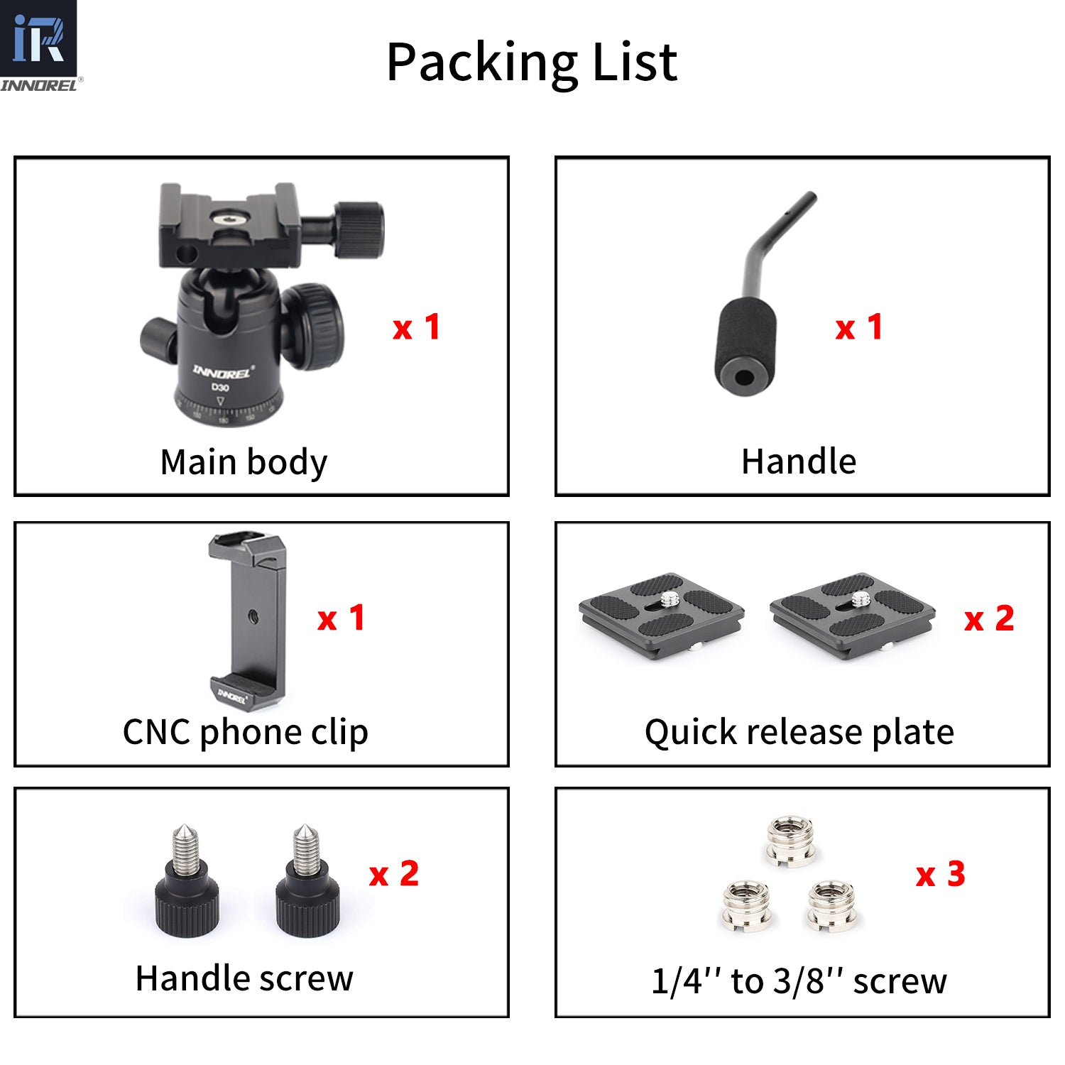 INNOREL D30 ballhead package including ball head 2 quick release plate phone clip handle screw ballhead handle 3 1/4in to 3/8in screws
