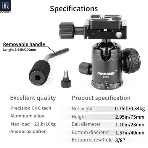 D30 ball head specifications including height 75mm max load 10kg removable handle length 100mm made of aluminum alloy CNC tech