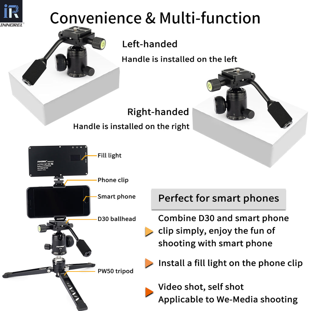 INNOREL D30 with multi-function handle left or right mount smartphone clip compatible fill light ready for videos selfies and We-Media shooting