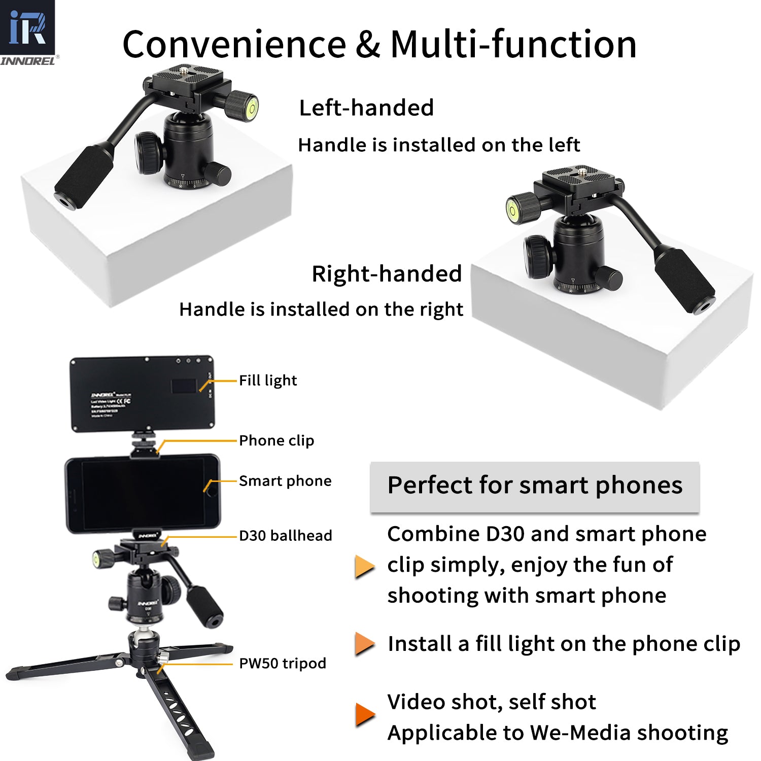INNOREL D30 with multi-function handle left or right mount smartphone clip compatible fill light ready for videos selfies and We-Media shooting