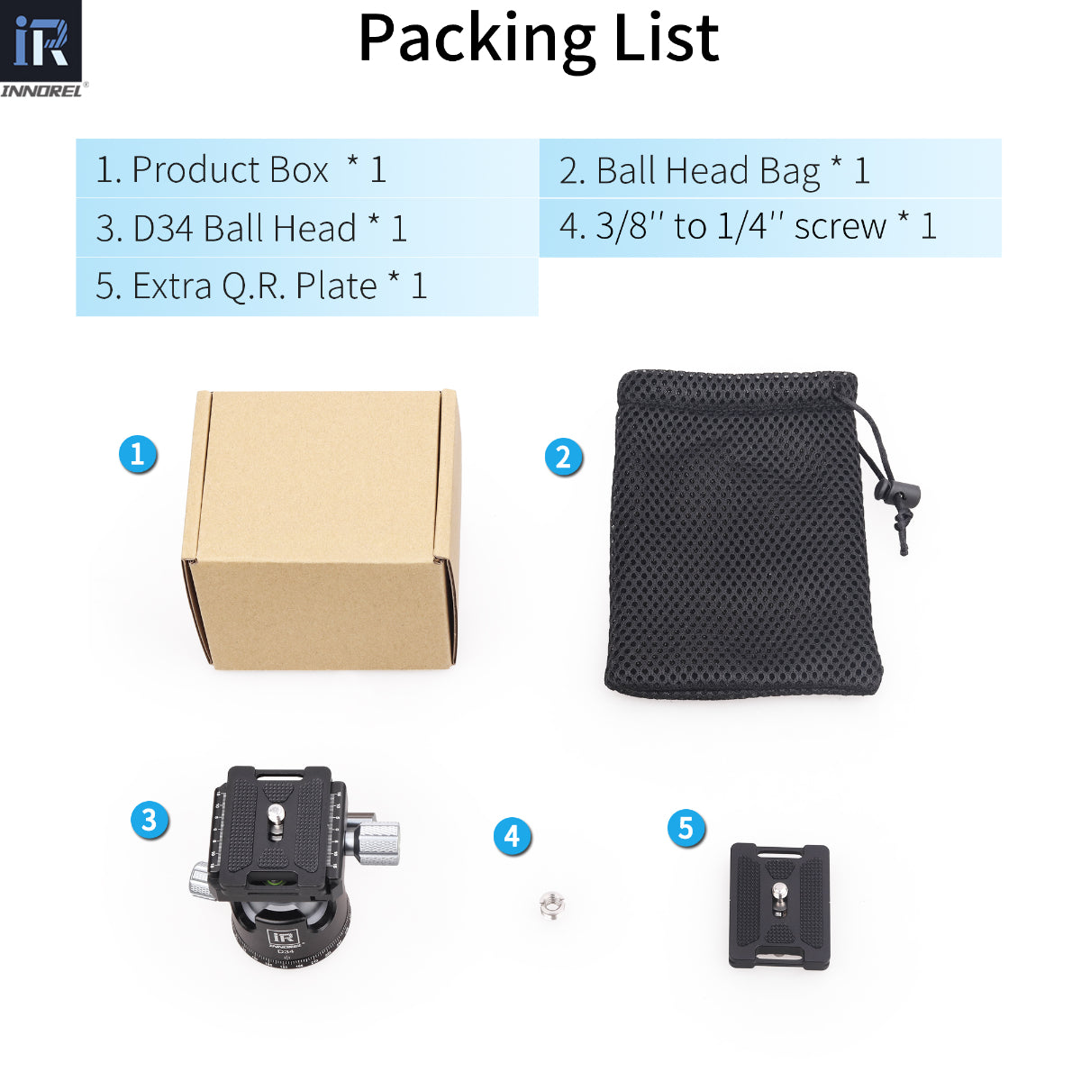 INNOREL D34 package includes ballhead quick release plate ball head bag box 3/8in to 1/4in screw