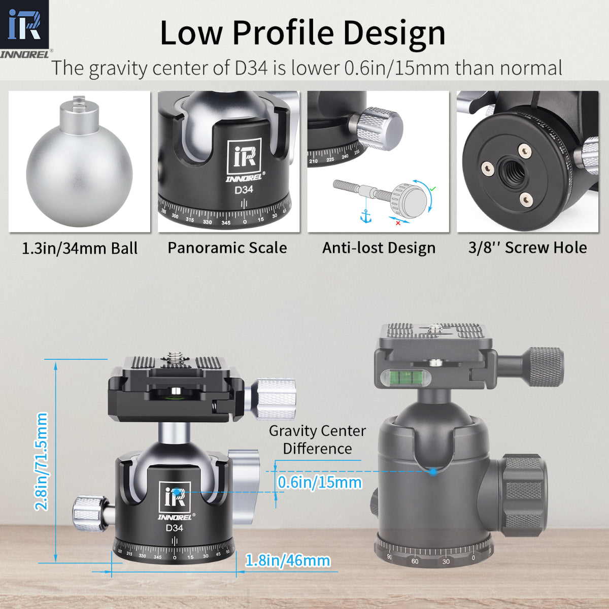 INNOREL D34 34mm ballhead features double U notch allows vertical shooting anti-lost knobs prevent losing parts