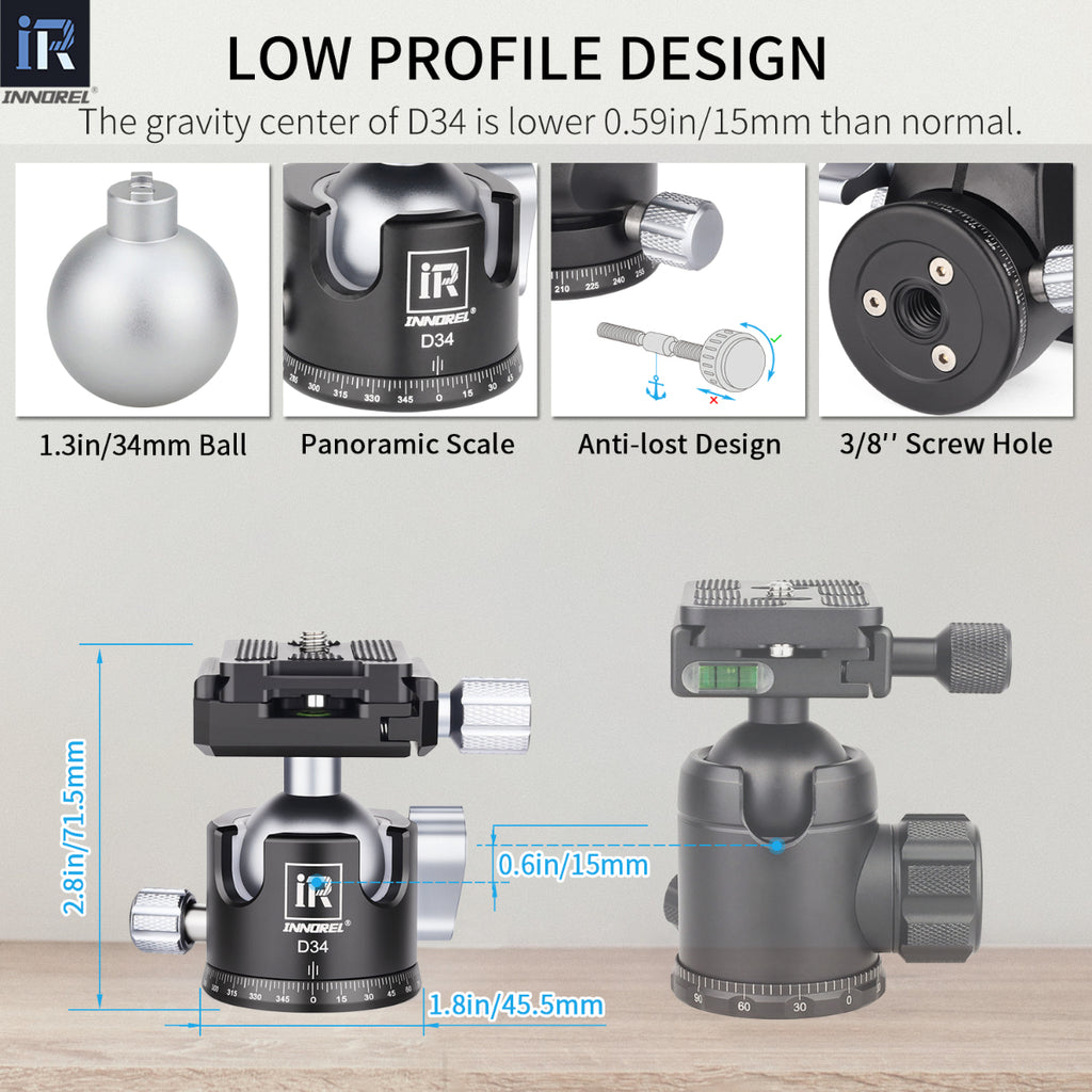INNOREL D34 34mm ballhead features double U notch allows vertical shooting anti-lost knobs prevent losing parts