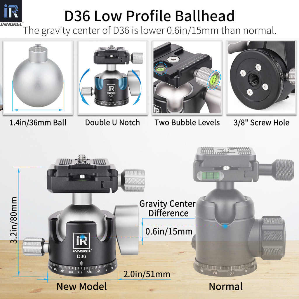 INNOREL D36 ballhead features double U notch allows vertical shooting anti-lost knobs prevent losing parts