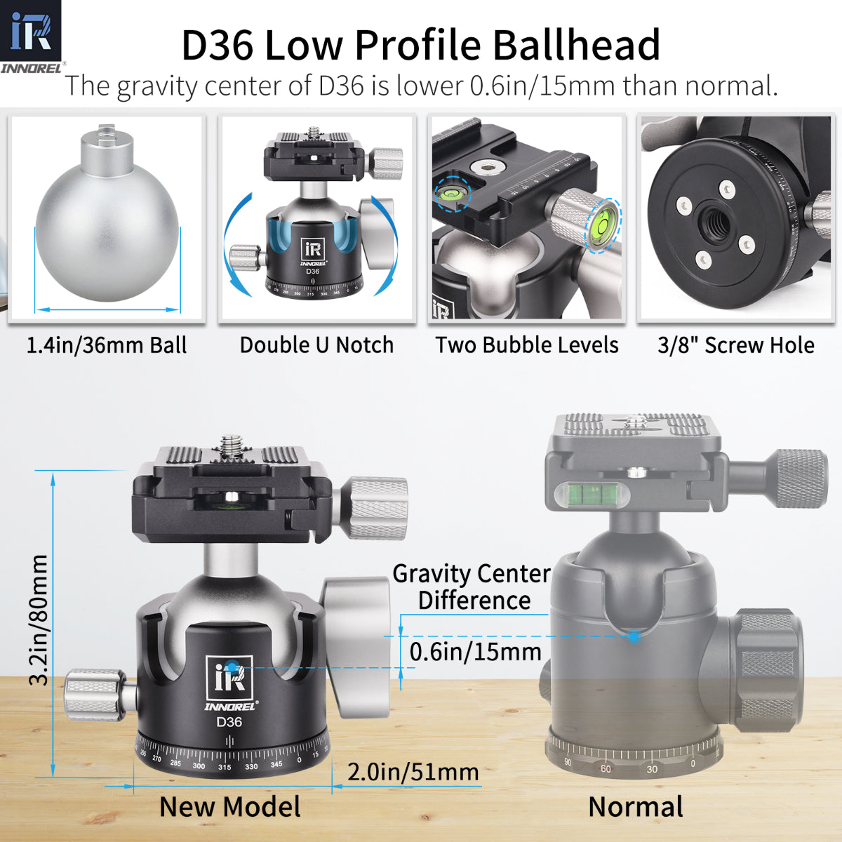 INNOREL D36 ballhead features double U notch allows vertical shooting anti-lost knobs prevent losing parts