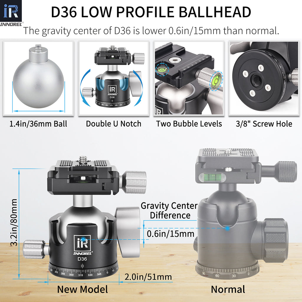 INNOREL D36 ballhead features double U notch allows vertical shooting anti-lost knobs prevent losing parts