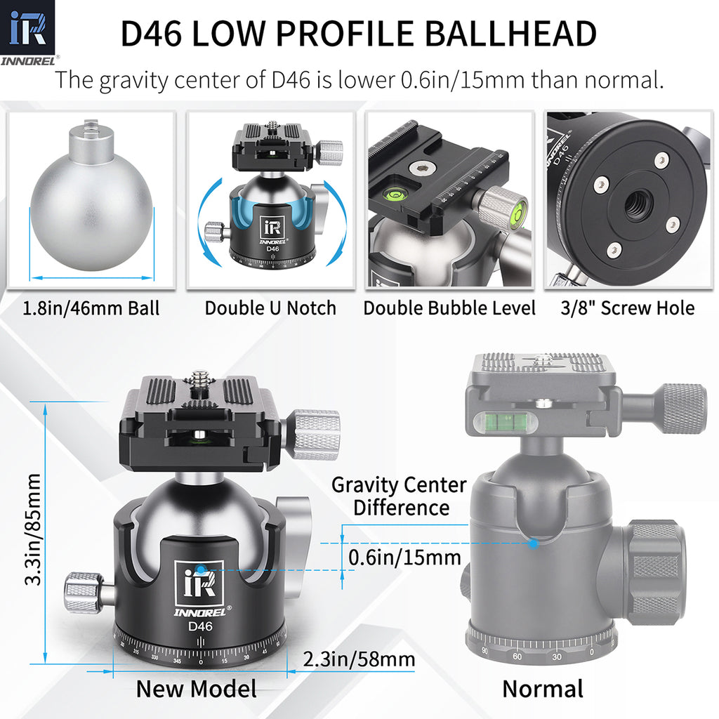 INNOREL D46 ballhead features double U notch allows vertical shooting anti-lost knobs prevent losing parts