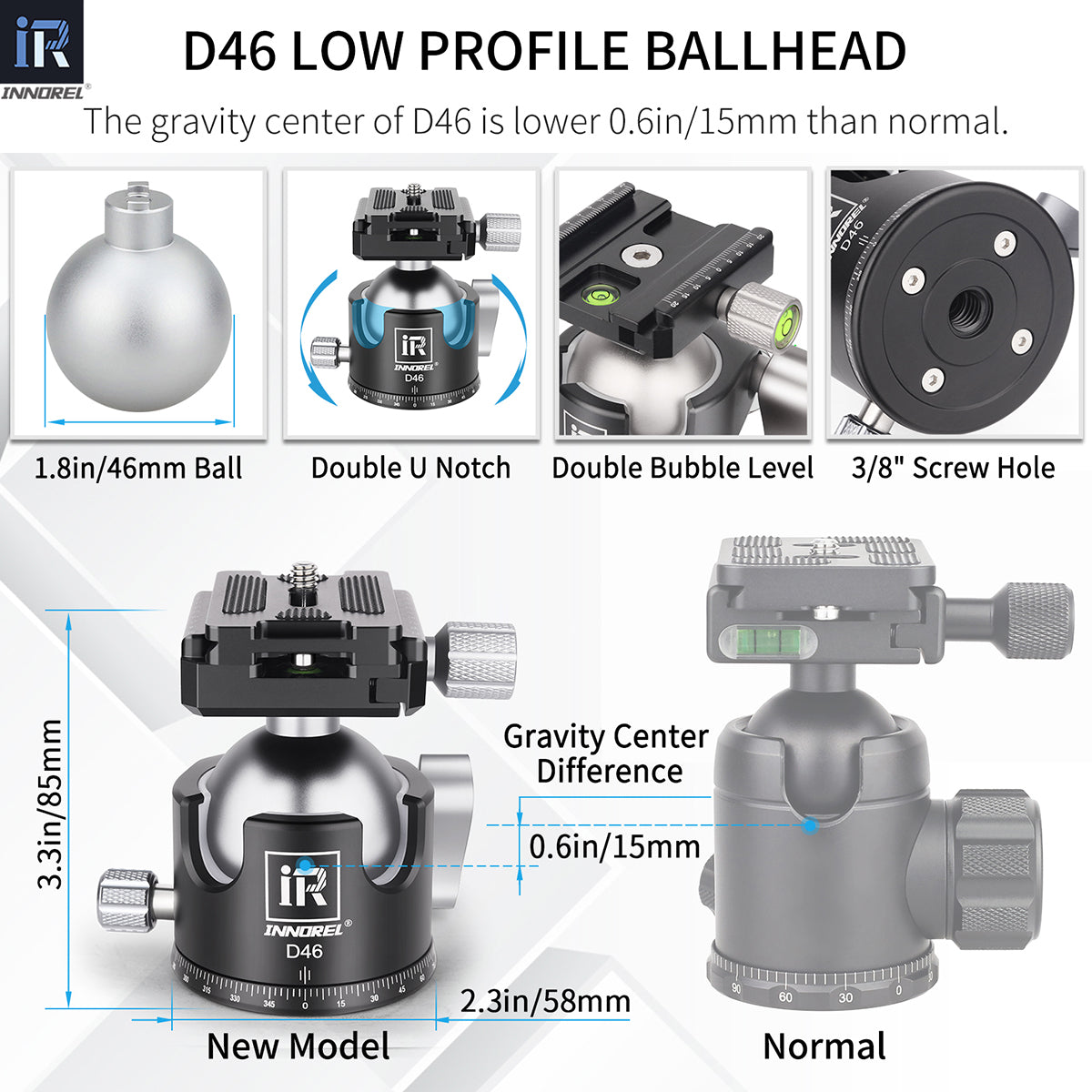 INNOREL D46 ballhead features double U notch allows vertical shooting anti-lost knobs prevent losing parts