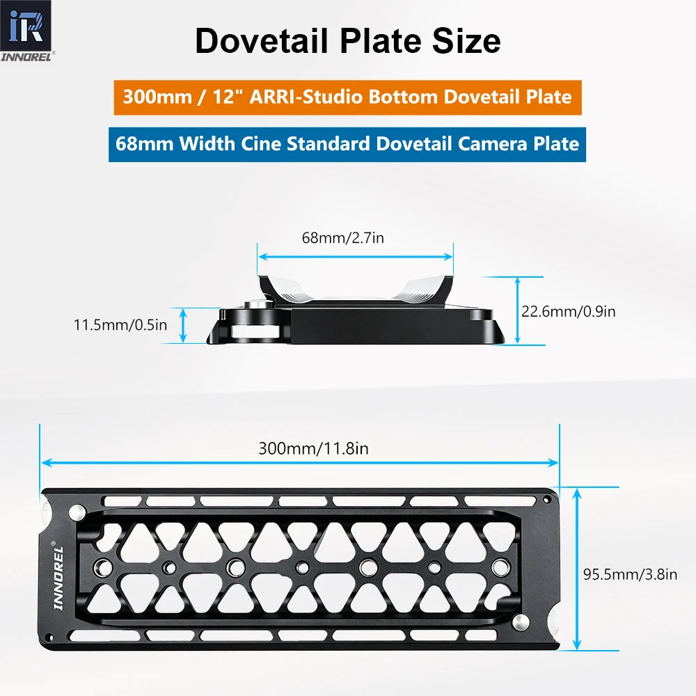 300mm / 12" ARRI-Studio Bottom Dovetail Plate 68mm Width Cine Standard Dovetail Camera Plate