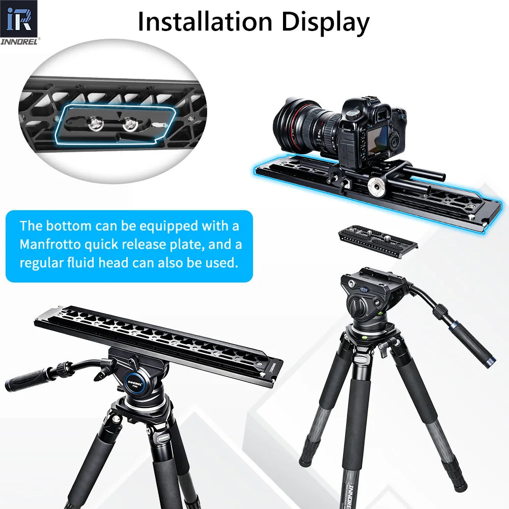 The bottom can be equipped with a Manfrotto quick release plate and a regular fluid head can also be used