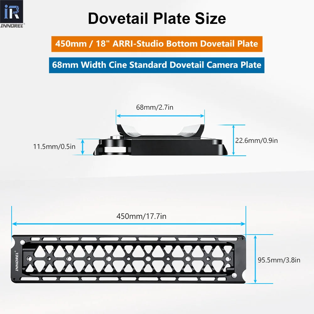450mm 18" ARRI-Studio Bottom Dovetail Plate 68mm Width Cine Standard Dovetail Camera Plate