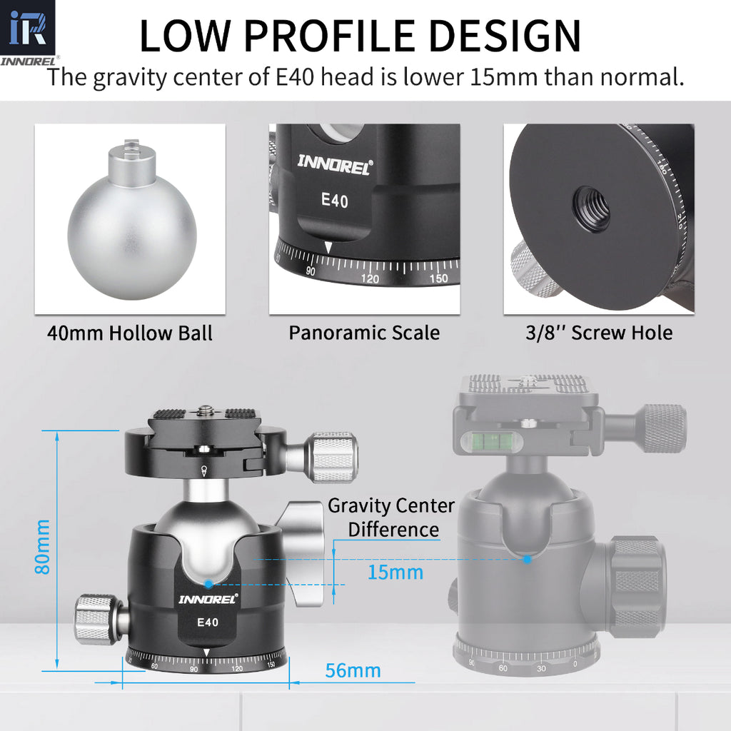 INNOREL E40 ballhead features 40MM hollow ball panoramic scale 3/8in screw hole U notch allows vertical shooting