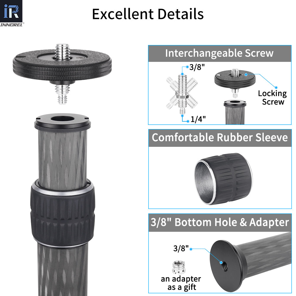 the mounting screw can be switched easily from 1/4in to 3/8in compatible with different heads and cameras standard 3/8in bottom hole