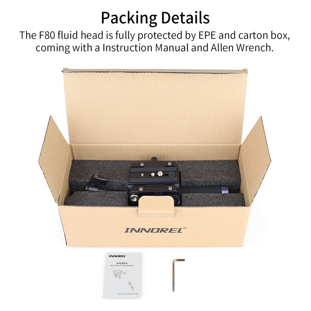 The F80 fluid head is fully protected by EPE and carton box coming with a Instruction Manual and Allen Wrench