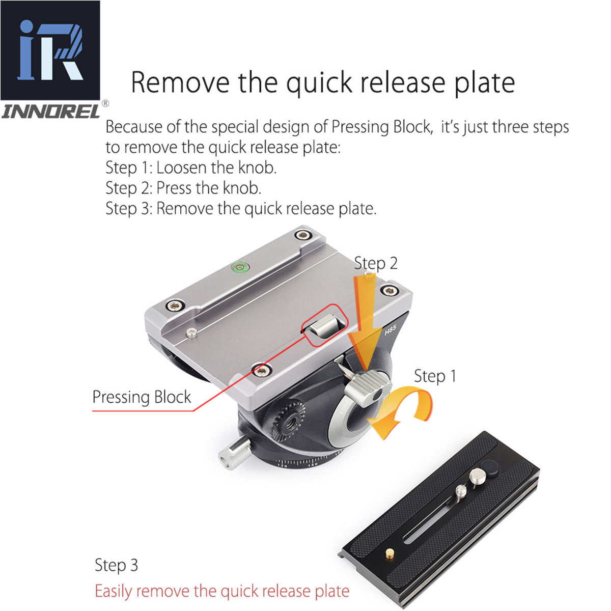 just three steps to remove the quick release plate Step 1 Loosen the knob Step 2 Press the knob Step 3 Remove the quick release plate