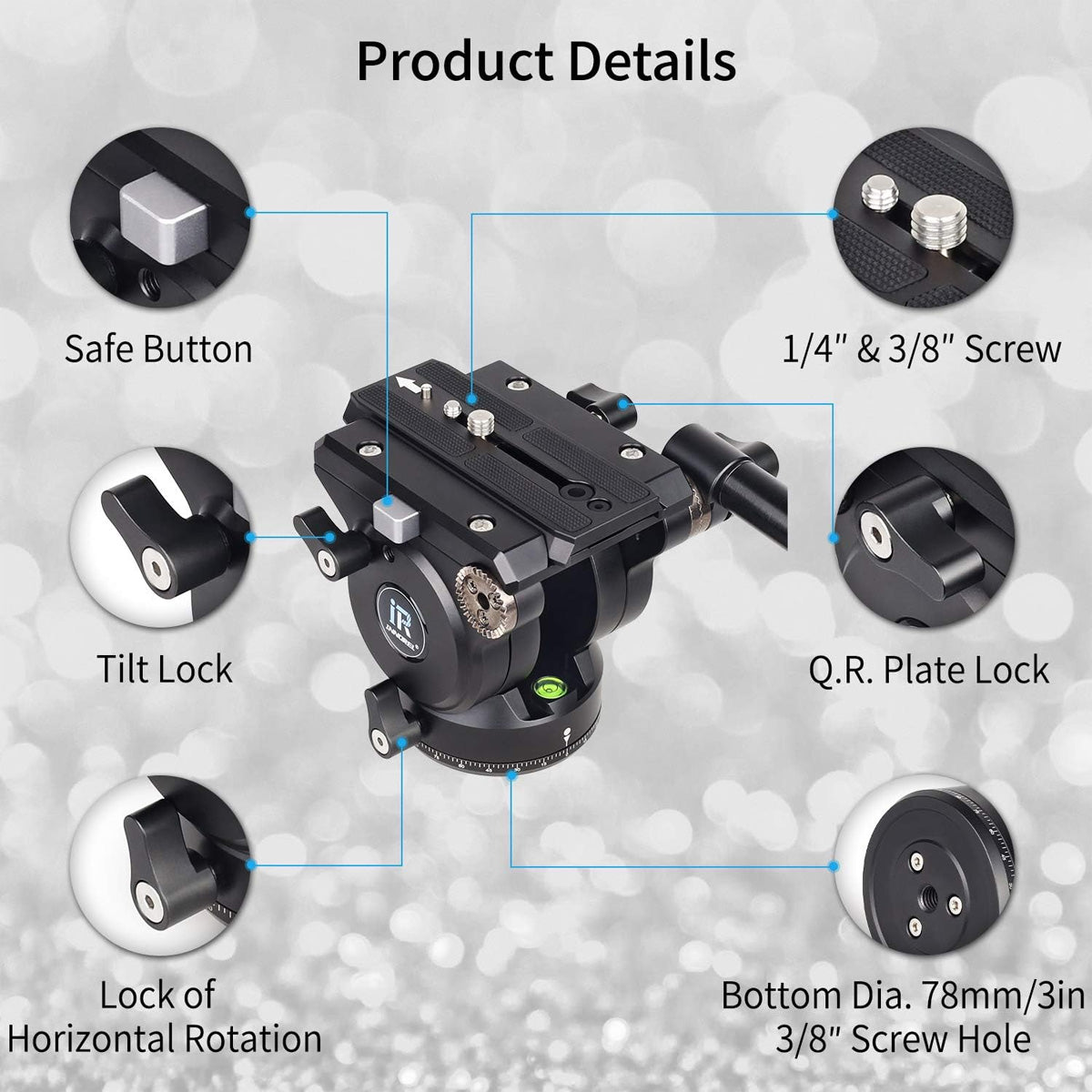 Safe Button 1/4" & 3/8" Screw Tilt Lock Q.R. Plate Lock Lock of Horizontal Rotation Bottom Dia. 78mm/3in 3/8" Screw Hole