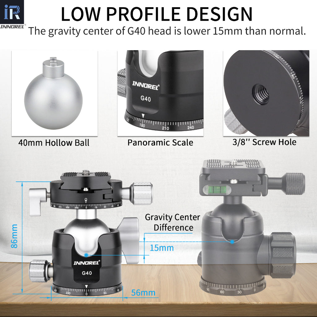 INNOREL G40 double panoramic ballhead features 40MM hollow ball panoramic scale 3/8in screw hole U notch allows vertical shooting