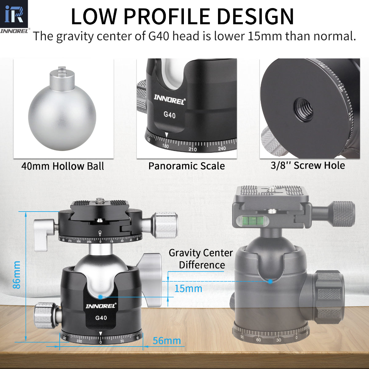 INNOREL G40 double panoramic ballhead features 40MM hollow ball panoramic scale 3/8in screw hole U notch allows vertical shooting