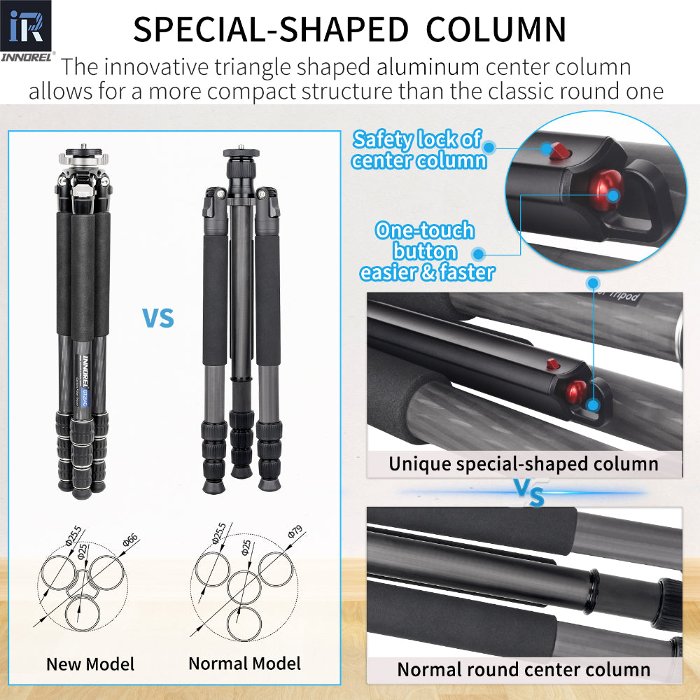 INNOREL GT254C lightweigh tripod The innovative triangle shaped aluminum center column allows for a more compact structure than the classic round one