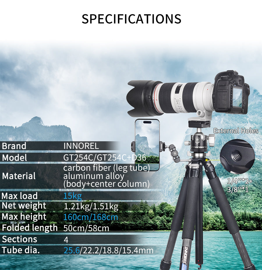 GT254C tripod with D36 ballhead specifications including 168cm max height 1.51kg weight 15kg load 10-layer carbon tube
