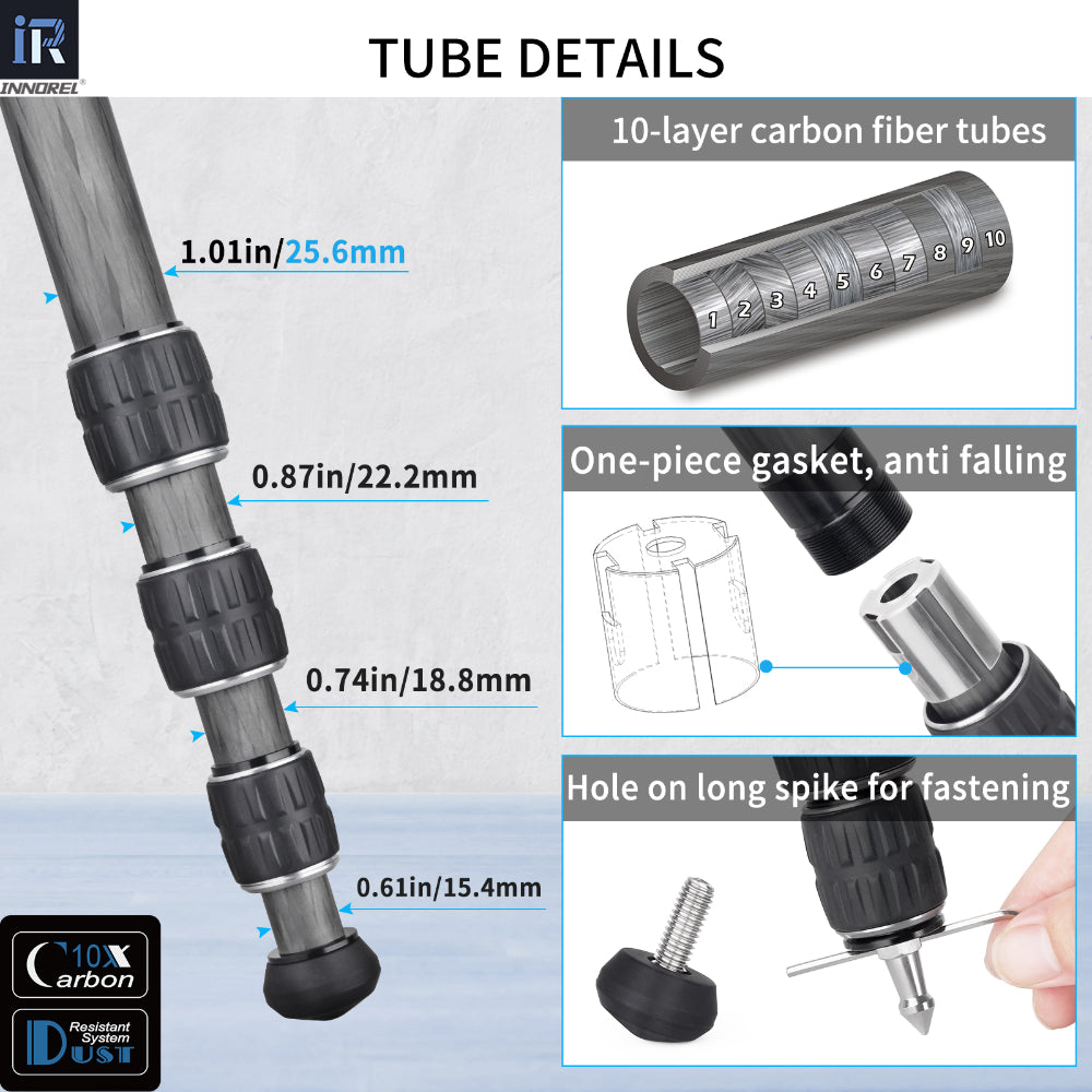 INNOREL GT254C camera tripod with 10-layer carbon fiber tubes