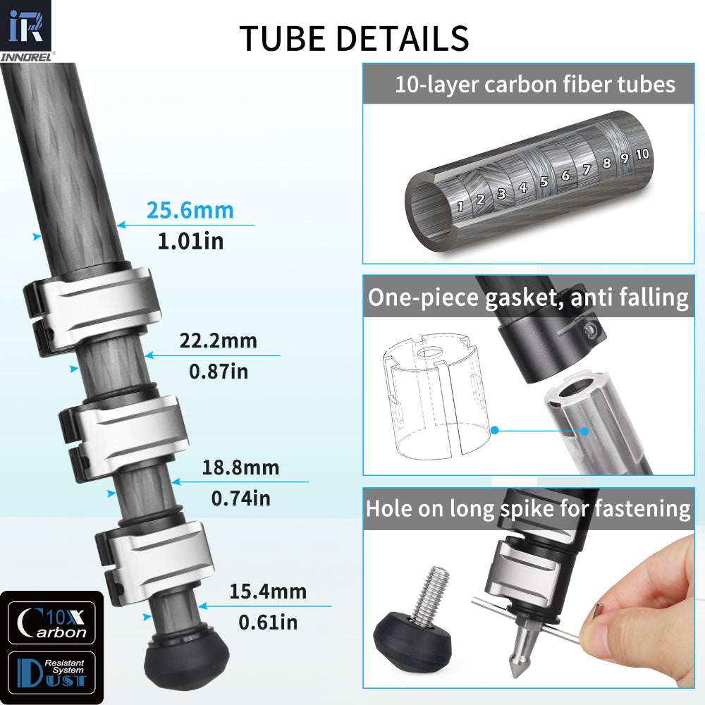 INNOREL GT254CF camera tripod with 10-layer carbon fiber tubes