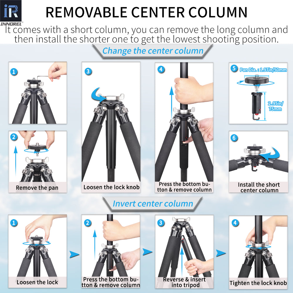 Loosen the pan;Remove the pan;Loosen the lock knob;Press the bottom button&remove column;Install the pan on the short column;Install the short center column