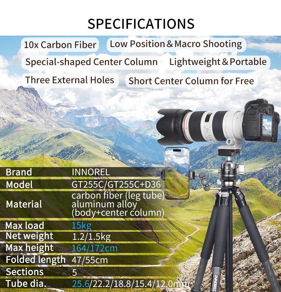 Professional Compact Carbon Fiber Camera Tripod INNOREL GT255C