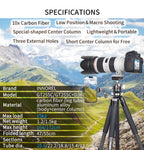 GT255C tripod with D36 ballhead specifications including 168cm max height 1.51kg weight 15kg load 10-layer carbon tube