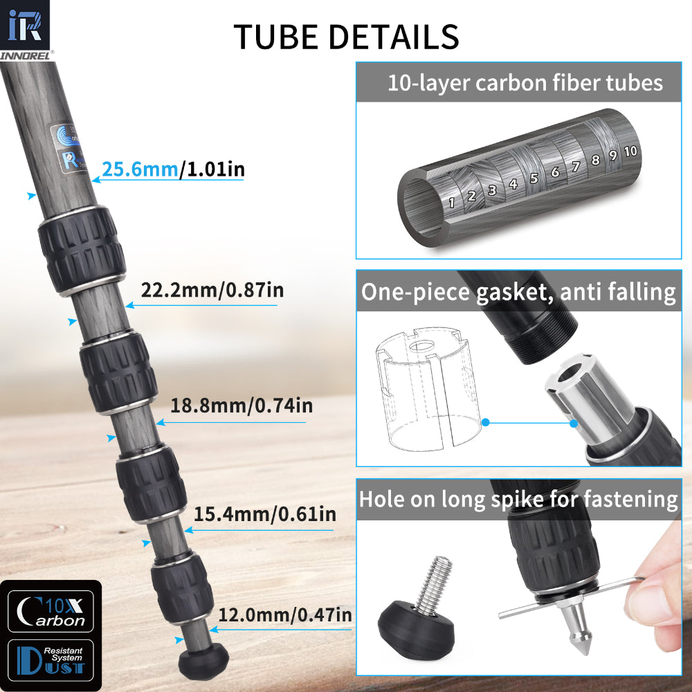 INNOREL GT255C camera tripod with 10-layer carbon fiber tubes