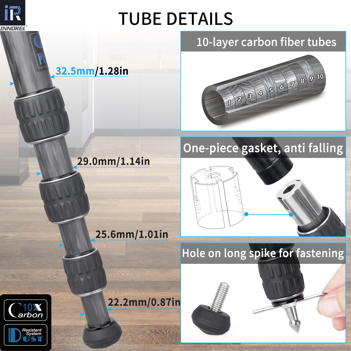 INNOREL GT324C camera tripod with 10-layer carbon fiber tubes