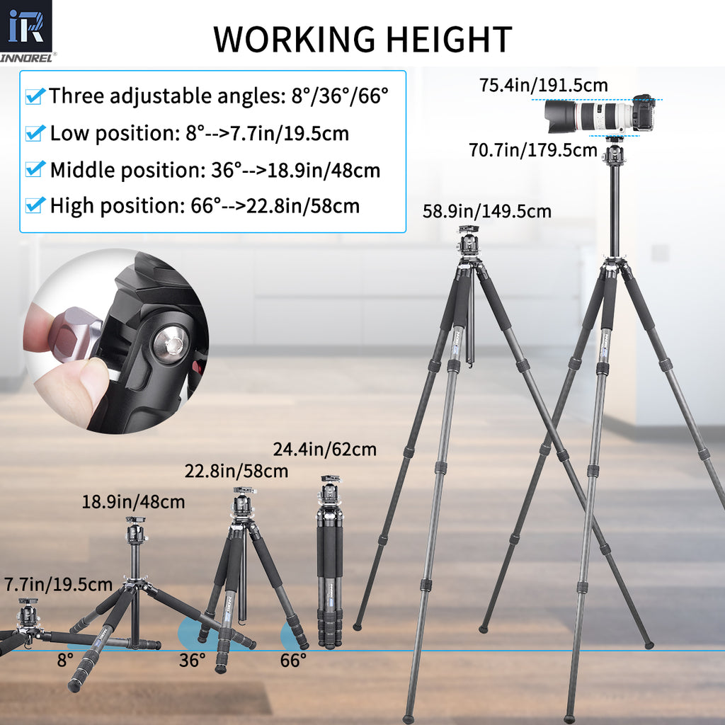GT324C portable tripod extends from compact 19.5cm to full 179.5cm working height with center column