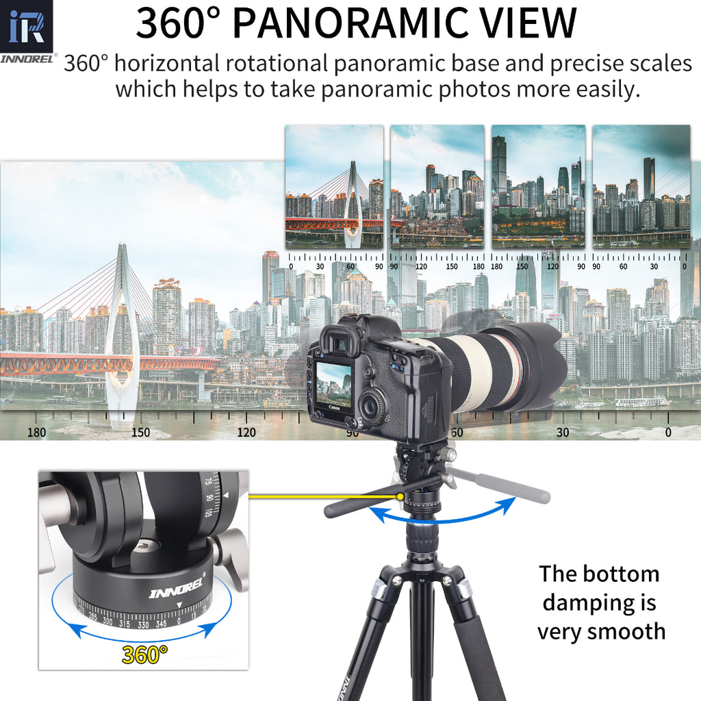 H10 fluid vedio head design 360° horizontal rotational panoramic base and precise scales 
which helps to take panoramic photos easily 