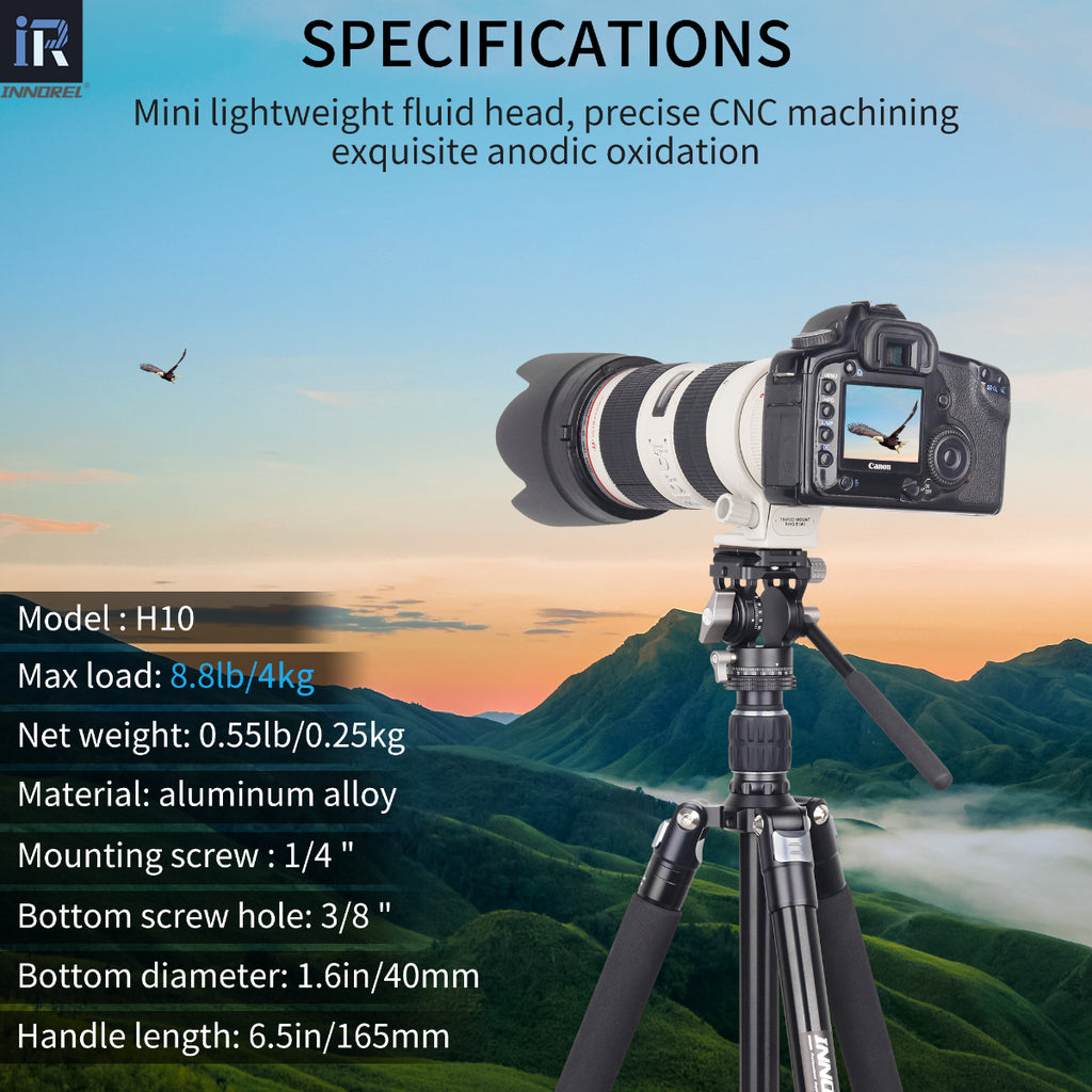 H10 fluid video head specifications including max load 4kg handle length 165mm made of aluminum alloy