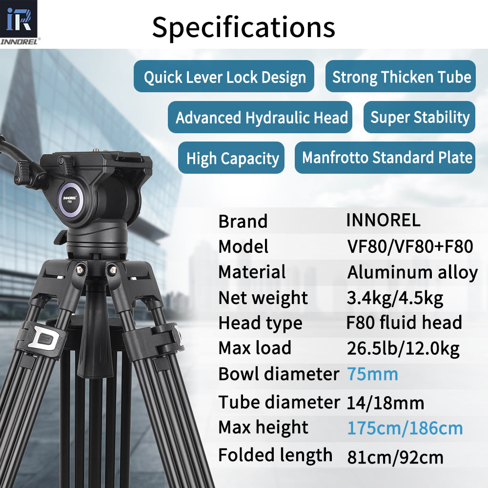 High quality aluminum alloy Max Height 175/186cm Max Load 12kg Tube Diameter 14/18mm Bowl Diameter 75mm Net Weight  3.4/4.5kg Folded Length 81/92cm Head F80 Video fluid head