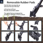 Pull the foot-secuing tab up and over the lip of the foot Lift the foot off from the tab convertible rubber The spiked feet are designed for working on delicate or hard surfaces