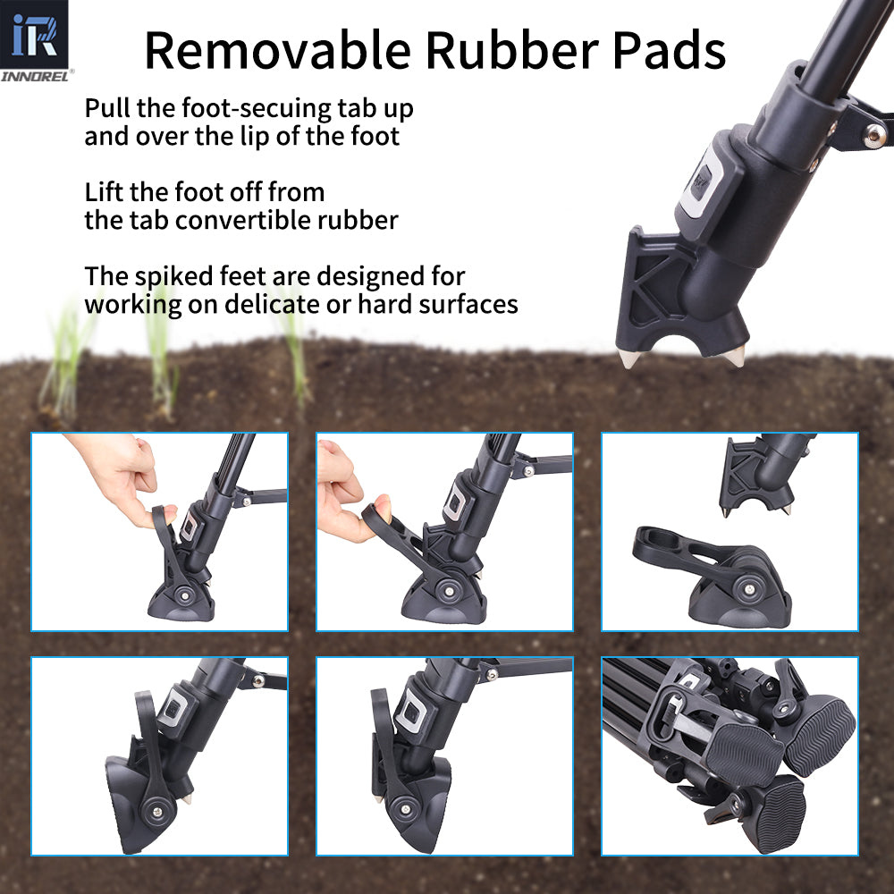 Pull the foot-secuing tab up and over the lip of the foot Lift the foot off from the tab convertible rubber The spiked feet are designed for working on delicate or hard surfaces